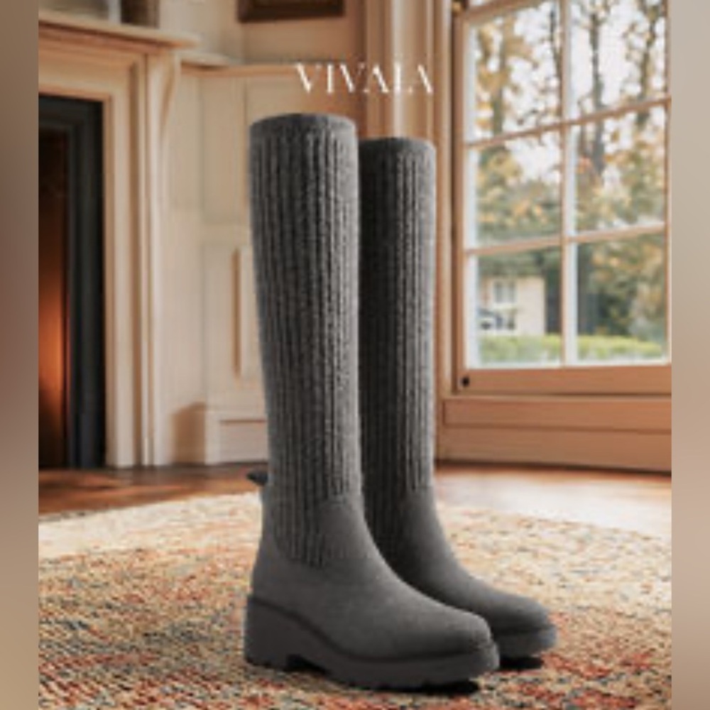 Vivaia Eduarda Knee High Wool Tall Boots Chunky Rich Gray Water Repellent $249 - Picture 10 of 13